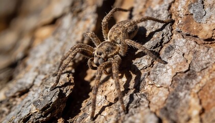 Close-up shot of a brown spider on rough tree bark with a shallow depth of field, conveying a natural and earthy mood.