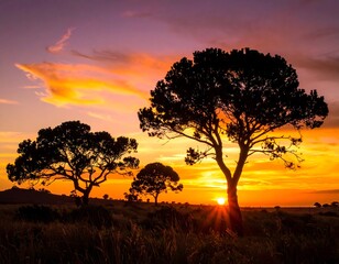Silhouetted trees in an African savanna bask under a vibrant sunset with orange, pink, and purple hues in the sky