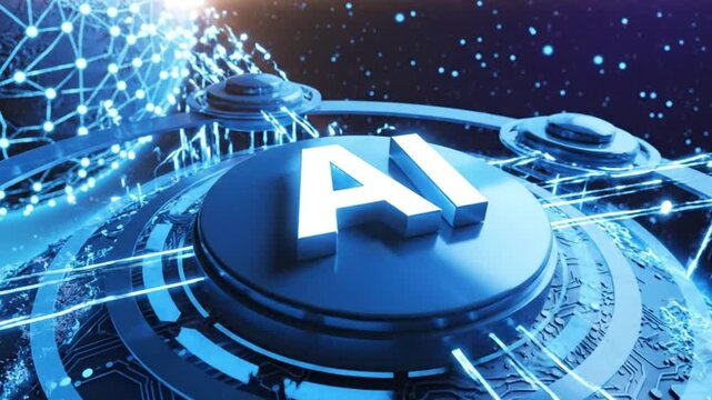 Blue circuit board with ai logo and futuristic design elements on a dark background