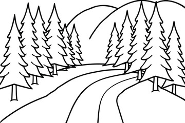 black and white illustration of road through coniferous forest © kuddus 