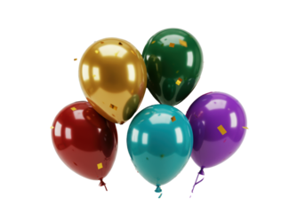 Six vibrant helium balloons (silver, gold, green, burgundy, blue, purple) with metallic ribbons and falling glitter confetti, against a transparent studio background with copy space, festive
