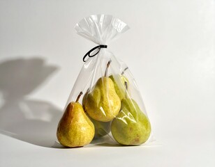 Four ripe pears inside a transparent plastic bag, tied with a black twist tie, bright background