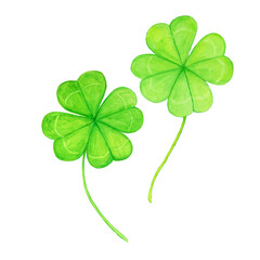 手描き水彩の四葉のクローバー2本のイラスト｜幸運・希望・ナチュラル/Hand-painted watercolor illustration of two four-leaf clovers, symbol of luck and hope.