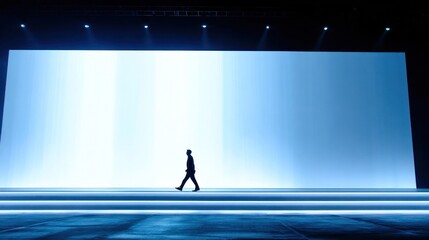 Fototapeta premium Silhouette on futuristic stage backdrop.