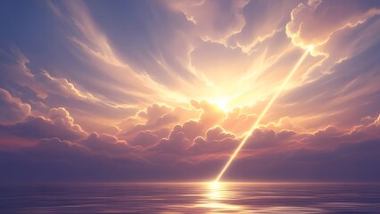 Serene sunset over calm ocean with vibrant purple clouds and golden sunlight