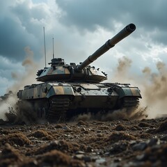 &ldquo;Modern Military Battle Tank Advancing on Battlefield with Dust and Smoke, Heavy Armored Vehicle, Ground Combat Power, War Technology, Defense Forces, Tactical Warfare and Army Strength Concept&rdquo;