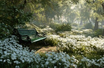 A serene park scene with a bench surrounded by wildflowers bathed in sunlight