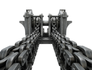 Heavy industrial steel chain conveyor system with metal links on a transparent background