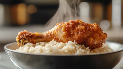 Delicious chicken on rice with steaming aroma.