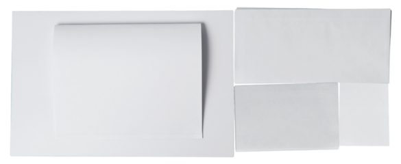 a composition of white paper sheets arranged in a visually appealing layout on a plain white background.
