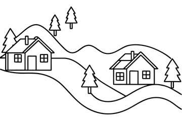 Fototapeta premium Simple line drawing of houses on rolling hills with trees