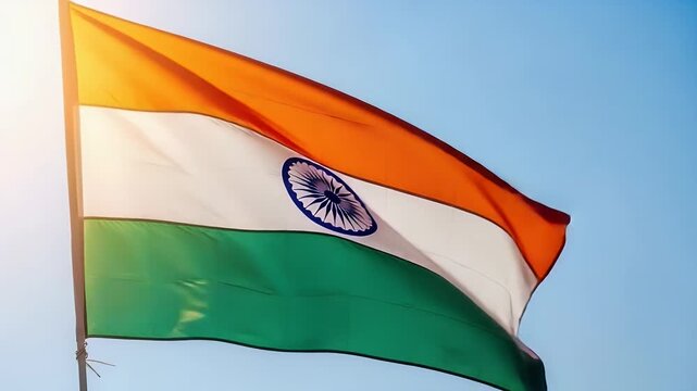 indian flag fluttering in blue sky tricolor patriotism