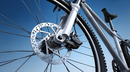 Close-Up Of The Front Wheel Of A Silver Mountain Bike With Disc Brakes Under A Clear Blue Sky