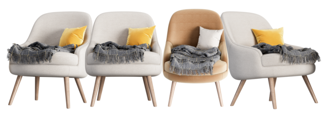 set of four stylish armchairs, a mix of beige and white, each featuring a textured throw blanket and decorative accent pillows, captured in a realistic 3d render.