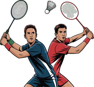 Two Male Badminton in Action with and in Blue and RedTwo Male Badminton Players in Action with Rackets and Shuttlecock, High-Energy Athletic Sports and Teamwork Vector Illustration in Blue and Red