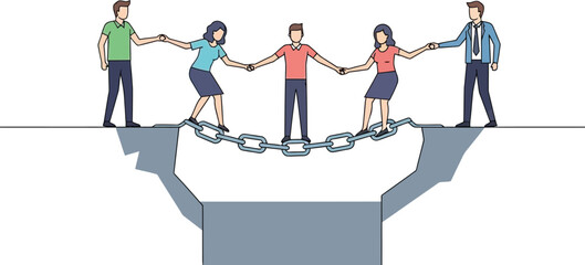Diverse business team members holding hands to form a human chain bridge over a deep gap for corporate success.