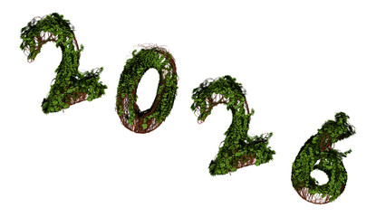 realistic 3d render of the year 2026 depicted as overgrown with lush green moss and brown branches against a transparent background.