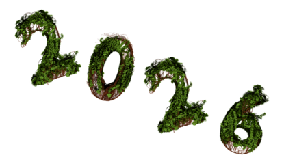 realistic 3d render of the year 2026 depicted as overgrown with lush green moss and brown branches against a transparent background.