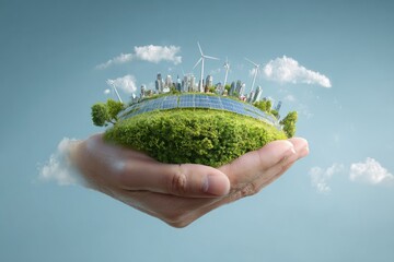 A hand cradles a miniature green world with a city, solar panels, and wind turbines