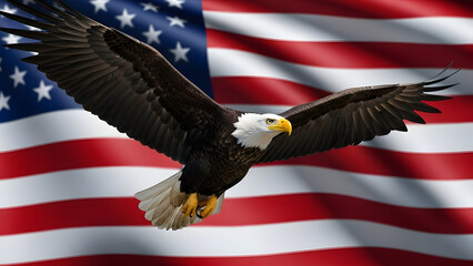 Naklejka premium American bald eagle flying in front of the united states flag waving in the wind with a patriotic theme