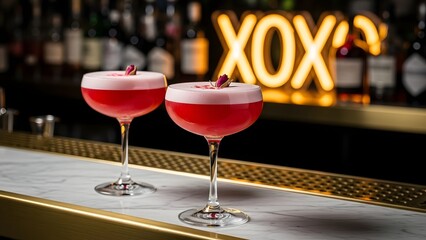 Two cocktails with red liquid and white foam on a bar counter with X O X neon sign in background red drink