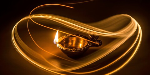 Obraz premium Golden diya lamp with flowing light trails in dark background