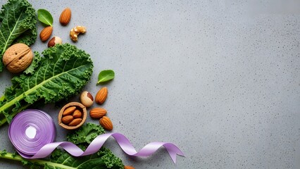Healthy eating concept with kale, nuts, and purple ribbon on gray background