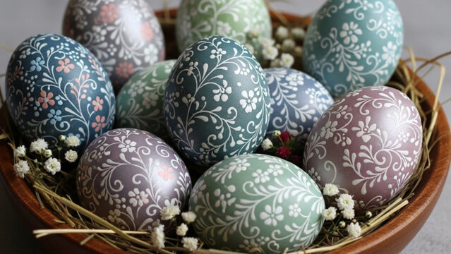 A bowl of colorful Easter eggs with floral patterns and small flowers - Powered by Adobe