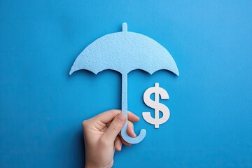 A hand holds a cutout umbrella over a dollar sign, all on a bright blue background