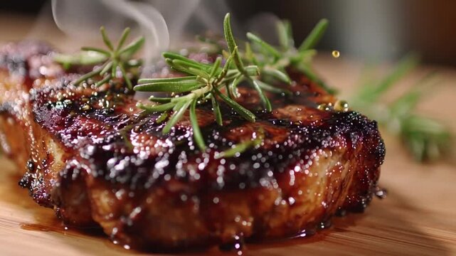 Macro 4K shot of grilled tomahawk steak topped with fresh rosemary. Juicy, tender meat and grill marks captured in delicious HD detail