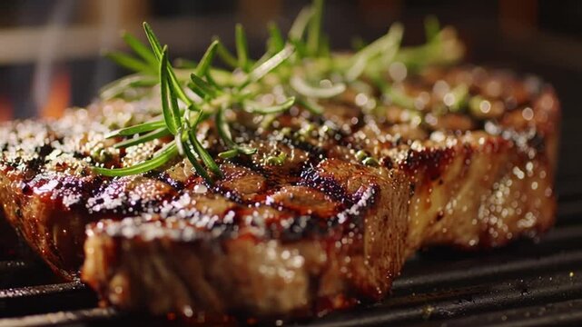 Macro 4K shot of grilled tomahawk steak topped with fresh rosemary. Juicy, tender meat and grill marks captured in delicious HD detail