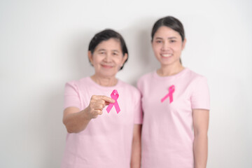 Couple woman with pink Ribbon for Pink October Breast Cancer Awareness month, May Women Health, November Birth Parents Adoption, women rights, Empowerment, March International Women day and Cancer day