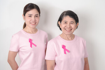 Couple woman with pink Ribbon for Pink October Breast Cancer Awareness month, May Women Health, November Birth Parents Adoption, women rights, Empowerment, March International Women day and Cancer day