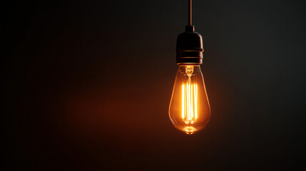 Warm Glowing Hanging Light Bulb Illuminates Dark Background for Cozy, Vintage Studio Mood