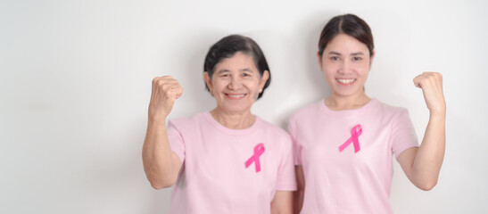 Couple woman with pink Ribbon for Pink October Breast Cancer Awareness month, May Women Health, November Birth Parents Adoption, women rights, Empowerment, March International Women day and Cancer day
