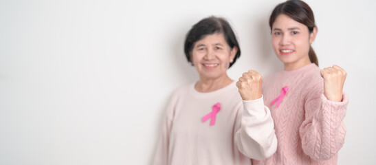 Couple woman with pink Ribbon for Pink October Breast Cancer Awareness month, May Women Health, November Birth Parents Adoption, women rights, Empowerment, March International Women day and Cancer day