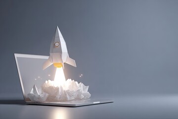 A geometric paper rocket blasts off from a laptop, representing innovation and launch