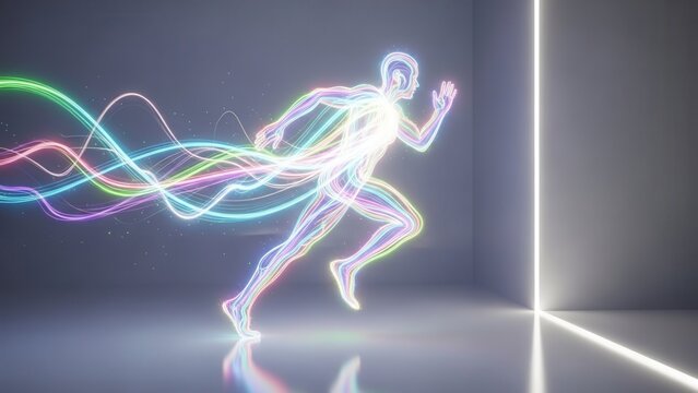 Neon Light Human Runner with Wavy Colorful Trails in Dark Room