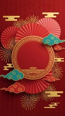 Traditional red Chinese New Year background featuring a circular gold ornament inspired by oriental design.
