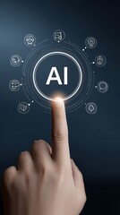 Finger touches bright 'AI' symbol Digital interface with various technology icons on a dark blue background