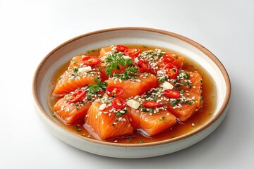 Diced raw salmon pieces in a marinade adorned with chili slices sesame seeds garlic and chopped herbs in a ceramic bowl