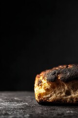 Close up of rustic artisanal bread dark golden brown crust and light crumb on a textured dark surface Black background