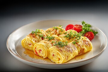 Close up of golden rolled omelets topped with fresh green chives served on a white plate with sliced cherry tomatoes