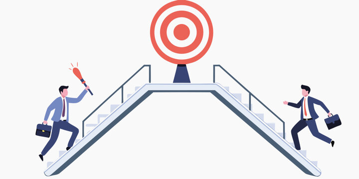 Two businessmen use different way by escalator and stair. to success concept