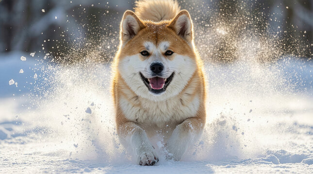 雪原を走る秋田犬