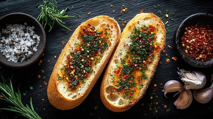 Toasted bread pieces with herbs chili flakes and olive oil Dark background shows salt pepper rosemary and garlic