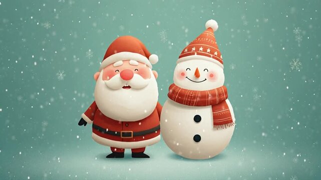 happy merry christmas card with santa claus and snowman