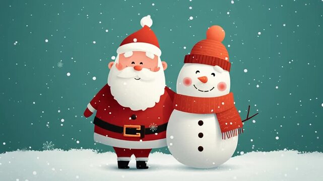 happy merry christmas card with santa claus and snowman