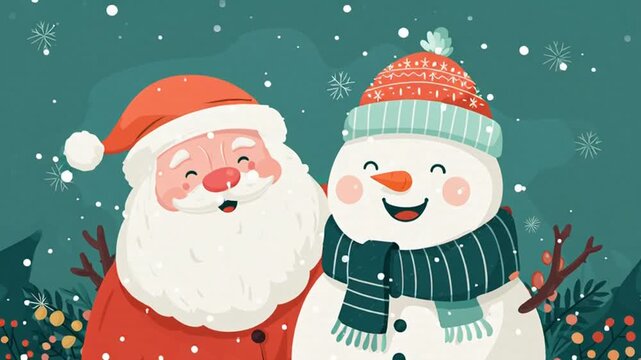 happy merry christmas card with santa claus and snowman