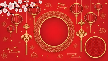 Festive red Chinese New Year background featuring a circular gold frame and traditional decorative patterns.